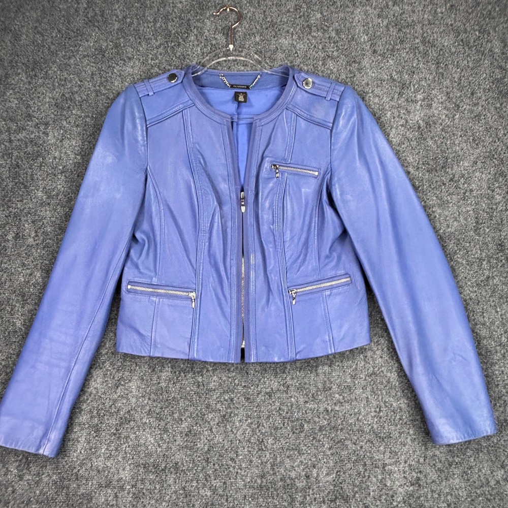 White House Black Market Blue Leather Moto Jacket Collarless Zip‎ Front Womens M